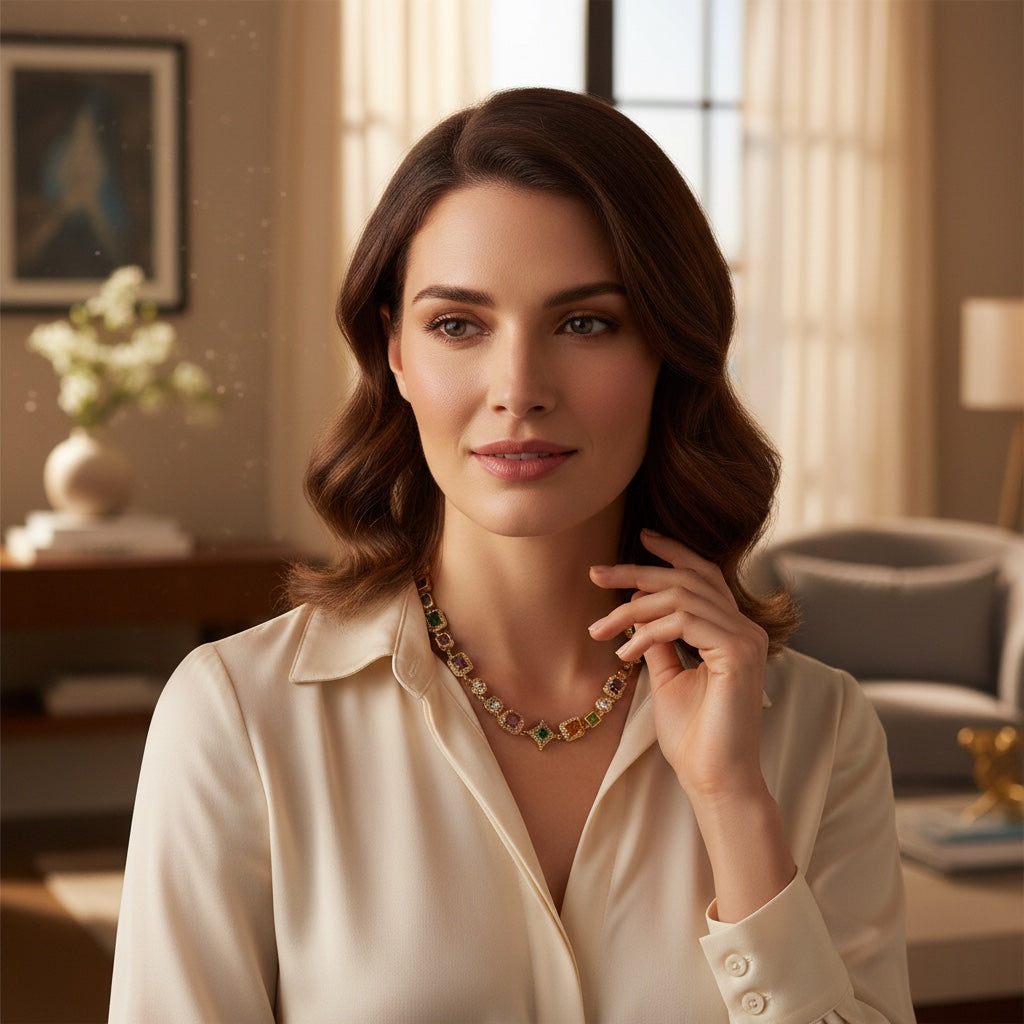HAYES CARROLL gold star necklace with multi-colored 10mm gemstones and crystal halos worn by a woman in a cream shirt