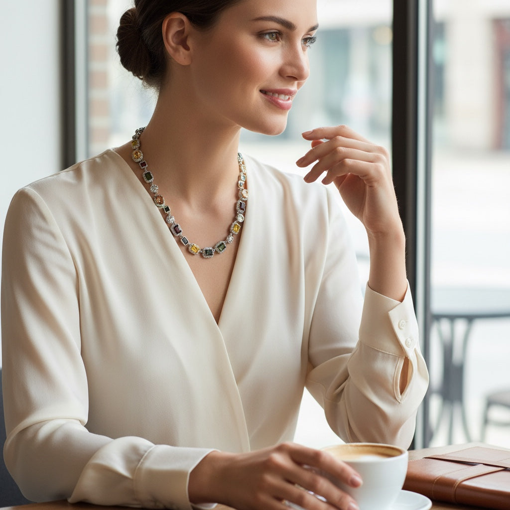 HAYES CARROLL 10mm silver necklace with multi-colored gemstones worn by a woman in a white blouse at a cafe.