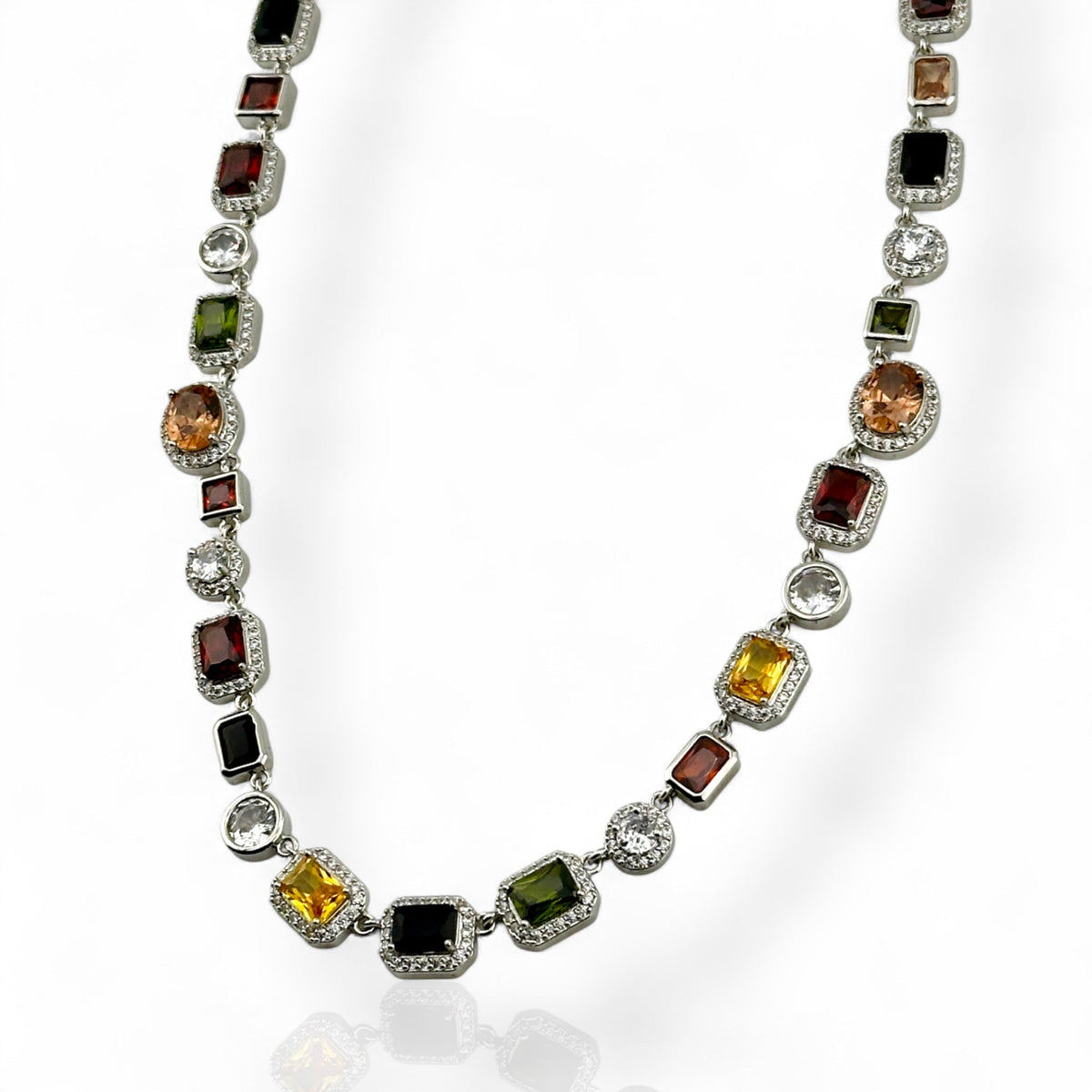 HAYES CARROLL 10mm silver necklace featuring multi-colored precision-cut gemstones in a brilliant silver-tone setting.