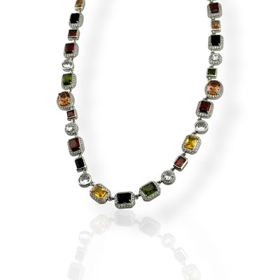 HAYES CARROLL 10mm silver necklace featuring multi-colored precision-cut gemstones in a classic link setting.